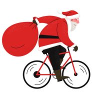Santa On Bike. Cycling Santa Clause On White Background. Vector Illustration.