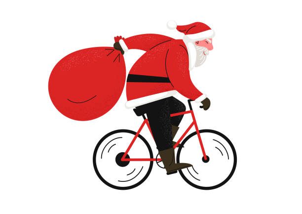 Santa On Bike. Cycling Santa Clause On White Background. Vector Illustration.